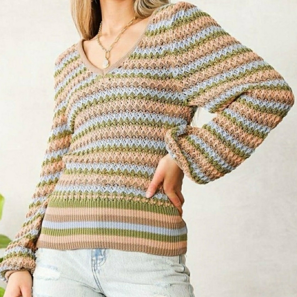 Willow + Root Striped Open Knit Sweater Medium NWT